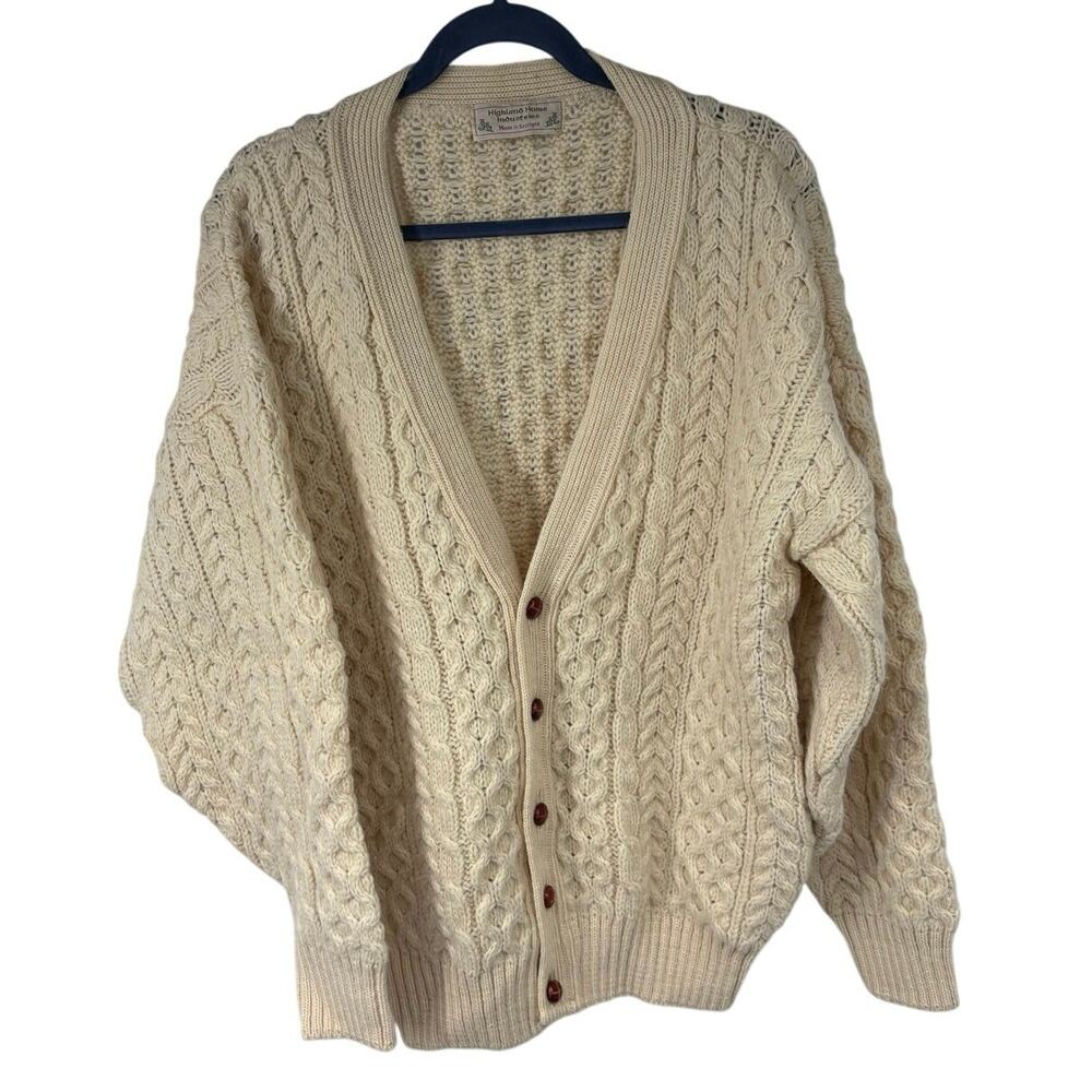 Pure New Wool Scottish Cream Fisherman Oversized Cardigan Wood Buttons Unisex L